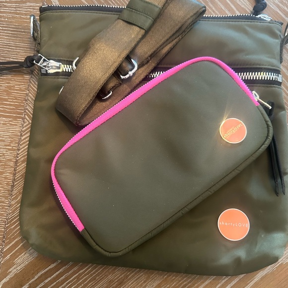 shortyLOVE Handbags - Shorty Love Olive Crossbody Bag with Pink Trim and matching wallet